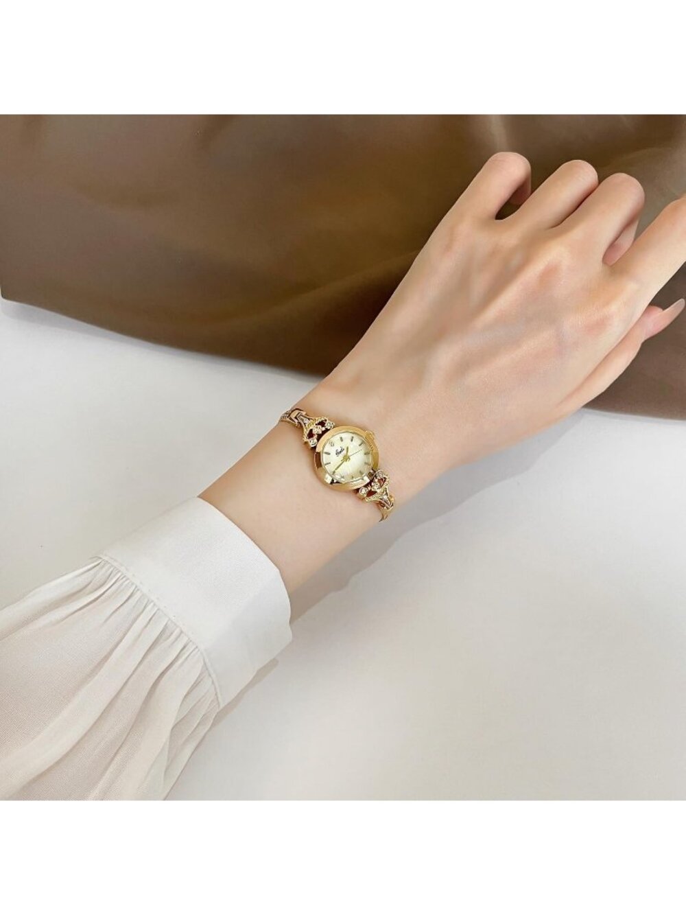 Women's Gold Elegant Steel Mesh Strap Luxury Rhinestone Pearl Dial Quartz Watch - Picture 5 of 6